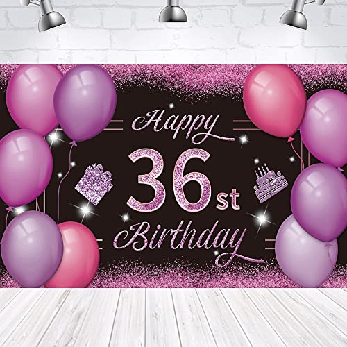 Happy 36st Birthday Backdrop Banner Pink Purple 36th Sign Poster 36 Birthday Party Supplies for Anniversary Photo Booth Photography Background Birthday Party Decorations, 72.8 x 43.3 Inch