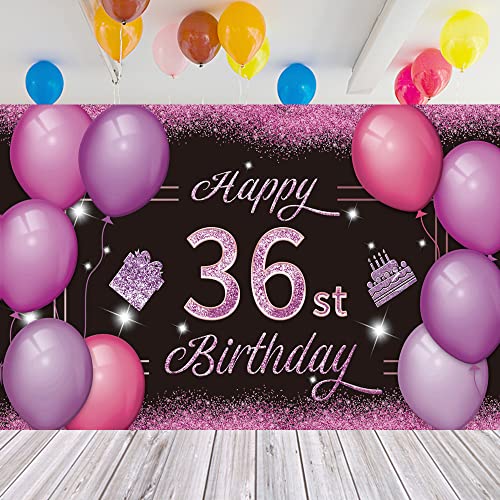 Happy 36st Birthday Backdrop Banner Pink Purple 36th Sign Poster 36 Birthday Party Supplies for Anniversary Photo Booth Photography Background Birthday Party Decorations, 72.8 x 43.3 Inch