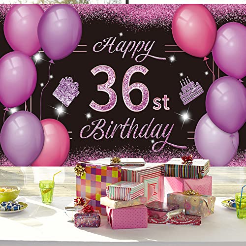 Happy 36st Birthday Backdrop Banner Pink Purple 36th Sign Poster 36 Birthday Party Supplies for Anniversary Photo Booth Photography Background Birthday Party Decorations, 72.8 x 43.3 Inch