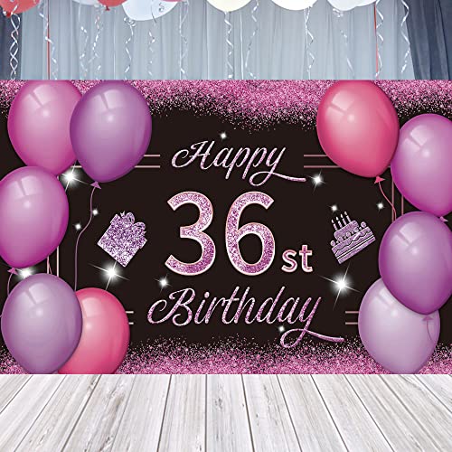 Happy 36st Birthday Backdrop Banner Pink Purple 36th Sign Poster 36 Birthday Party Supplies for Anniversary Photo Booth Photography Background Birthday Party Decorations, 72.8 x 43.3 Inch