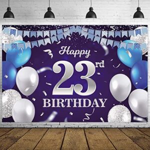 happy 23rd birthday banner backdrop navy blue balloons confetti stripe flag light spots cheers to 23 years old theme decorations decor for women men 23rd birthday party bday supplies glitter silver