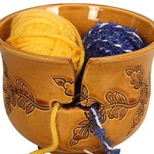 ABHANDICRAFTS Knitting Yarn Ball Storage Bowl Yellow Color Ceramic Yarn Bowl for Knitting and Crocheting with Hand Carved Floral Design