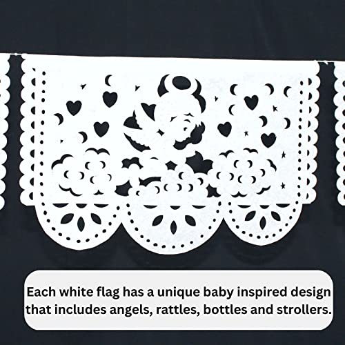 5 Pk Mi bautizo or Baby shower party decor for boy or girl, Over 60 feet of Papel Picado White tissue paper banner garlands with angelitos, rocking horse 50 Panels/Flags ws95