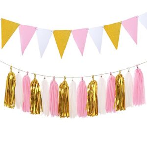 glittery paper pennant banner triangle flags bunting 8.5 feet and tissue paper tassels garland 15 pcs for birthday party, wedding, bridal shower decorations, glittery gold+pink+white
