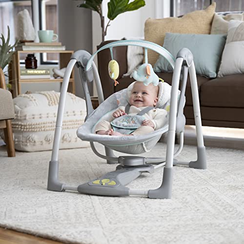 Ingenuity 5-Speed Portable Baby Swing with Music, Nature Sounds & Battery-Saving Technology - Hugs & Hoots, Swing 'n Go, 0-9 Months