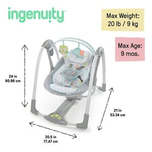 Ingenuity 5-Speed Portable Baby Swing with Music, Nature Sounds & Battery-Saving Technology - Hugs & Hoots, Swing 'n Go, 0-9 Months