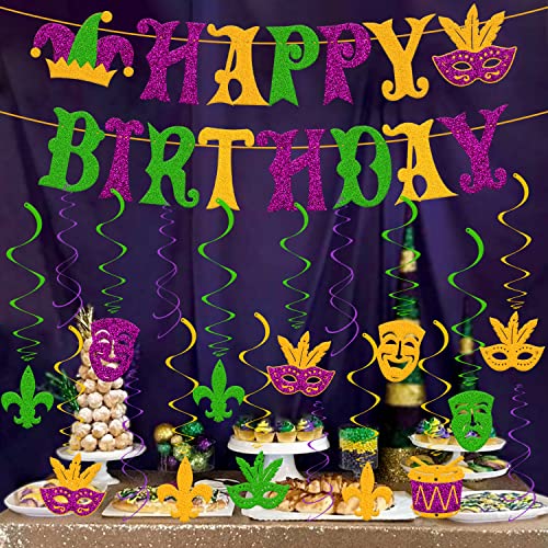 Mardi Gras Birthday Decoration Carnival Happy Birthday Banner Glitter Green Gold Purple Hanging Swirls Decor Fat Tuesday New Orleans Masquerade fleur de lis Theme Festival Party Supplies