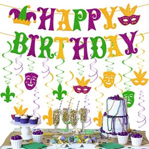 Mardi Gras Birthday Decoration Carnival Happy Birthday Banner Glitter Green Gold Purple Hanging Swirls Decor Fat Tuesday New Orleans Masquerade fleur de lis Theme Festival Party Supplies