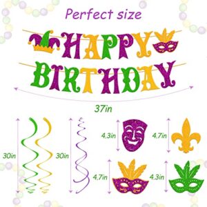 Mardi Gras Birthday Decoration Carnival Happy Birthday Banner Glitter Green Gold Purple Hanging Swirls Decor Fat Tuesday New Orleans Masquerade fleur de lis Theme Festival Party Supplies