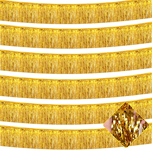 6 Pack 10 Feet Foil Fringe Garland Metallic Tinsel Streamers Banner Wall Hanging Curtain Backdrop for Parade Floats, Bachelorette, Wedding, Birthday, Halloween, Christmas Party Decorations(Gold)