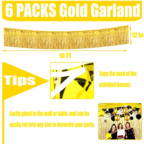 6 Pack 10 Feet Foil Fringe Garland Metallic Tinsel Streamers Banner Wall Hanging Curtain Backdrop for Parade Floats, Bachelorette, Wedding, Birthday, Halloween, Christmas Party Decorations(Gold)