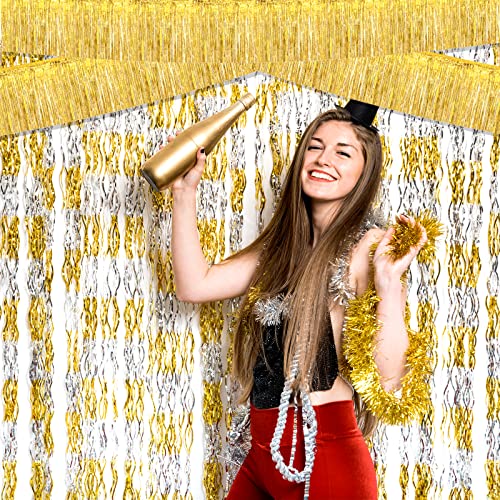 6 Pack 10 Feet Foil Fringe Garland Metallic Tinsel Streamers Banner Wall Hanging Curtain Backdrop for Parade Floats, Bachelorette, Wedding, Birthday, Halloween, Christmas Party Decorations(Gold)