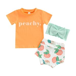 3pcs baby girl summer clothes set letter print short sleeve t shirt top floral shorts headband outfit (orange peachy, 6-12 months)