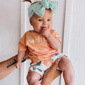 3Pcs Baby Girl Summer Clothes Set Letter Print Short Sleeve T Shirt Top Floral Shorts Headband Outfit (Orange Peachy, 6-12 Months)