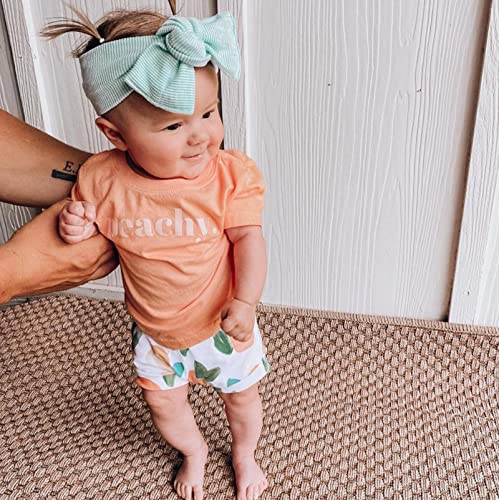 3Pcs Baby Girl Summer Clothes Set Letter Print Short Sleeve T Shirt Top Floral Shorts Headband Outfit (Orange Peachy, 6-12 Months)