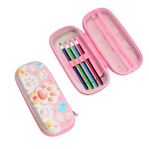 Cute 3D Paw Print Pencil Case for Kids, Big Capacity Canvas Kawaii Pen Pouch with Zipper, Waterproof & Durable Storage Pencil Bag for Girls in School and Home(Pink)