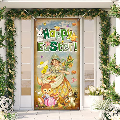 Happy Easter Door Cover Vintage Easter Eggs Bunny Decorations Easter Theme Retro Banner Welcome Spring Backdrop for Outdoor Indoor Party Supplies