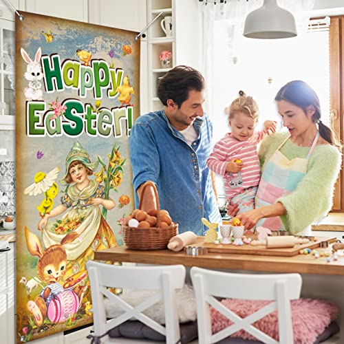 Happy Easter Door Cover Vintage Easter Eggs Bunny Decorations Easter Theme Retro Banner Welcome Spring Backdrop for Outdoor Indoor Party Supplies