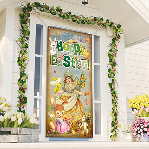 Happy Easter Door Cover Vintage Easter Eggs Bunny Decorations Easter Theme Retro Banner Welcome Spring Backdrop for Outdoor Indoor Party Supplies