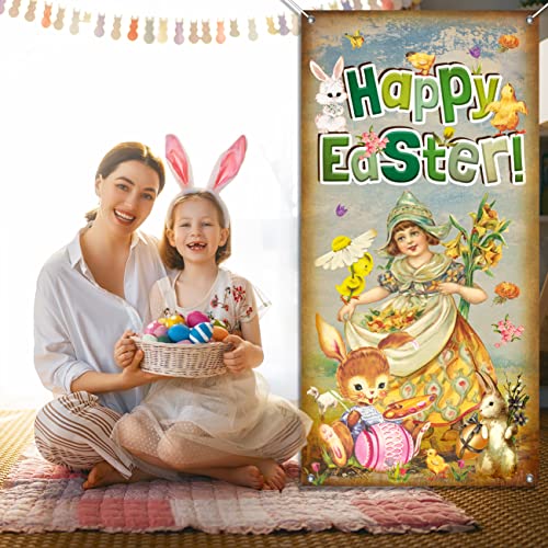 Happy Easter Door Cover Vintage Easter Eggs Bunny Decorations Easter Theme Retro Banner Welcome Spring Backdrop for Outdoor Indoor Party Supplies
