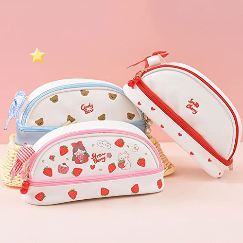 JELLYEA Kawaii Pencil Bag Cute Strawberry Pattern Pencil Case Cartoon Pink Pencil Bag with Bow Kawaii School Stationery Supplies (White Strawberry)