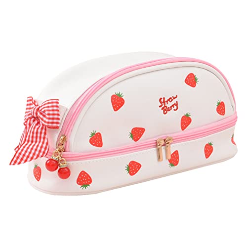 JELLYEA Kawaii Pencil Bag Cute Strawberry Pattern Pencil Case Cartoon Pink Pencil Bag with Bow Kawaii School Stationery Supplies (White Strawberry)