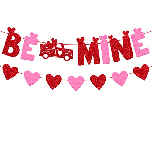 Be Mine Banner Valentine's Day Heart Theme Garland Wedding Anniversary Engagement Romantic Bridal Shower Party Glitter Red and Pink Decorations