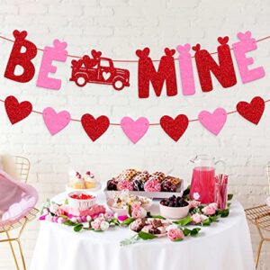 Be Mine Banner Valentine's Day Heart Theme Garland Wedding Anniversary Engagement Romantic Bridal Shower Party Glitter Red and Pink Decorations