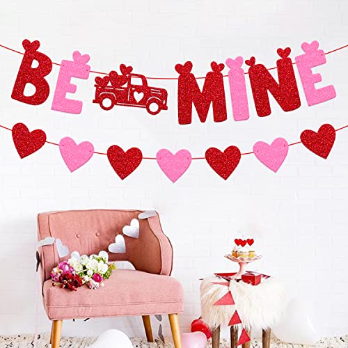 Be Mine Banner Valentine's Day Heart Theme Garland Wedding Anniversary Engagement Romantic Bridal Shower Party Glitter Red and Pink Decorations