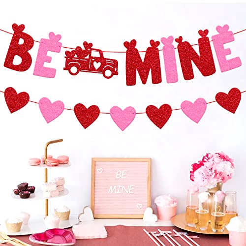 Be Mine Banner Valentine's Day Heart Theme Garland Wedding Anniversary Engagement Romantic Bridal Shower Party Glitter Red and Pink Decorations