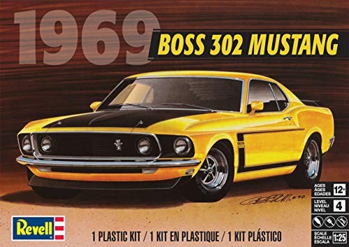 Revell 85-4313 ‘69 Boss 302 Mustang Car Kit 1:25 Scale 109-Piece Skill Level 4 Plastic Model Building Kit , Yellow