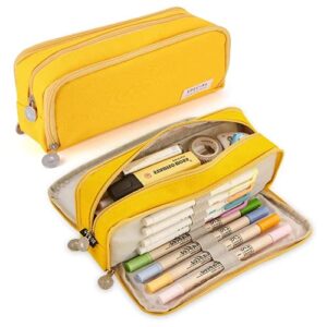 orpheus large pencil case big capacity 3 compartments canvas pencil pouch for teen boys girls school students (yellow)