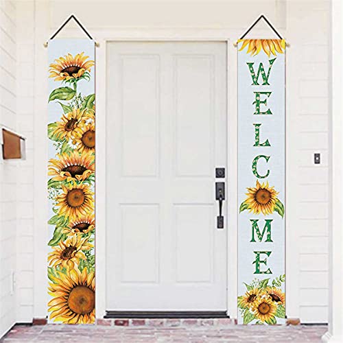 KYMY Sunflower Summer Banners,Welcome Summer Porch Sign,Sunflower Hanging Banners,Sunflower Welcome Porch Banners for Hawaii Party,Front Door Sign Decoration,Summer Party Supplies for Indoor Outdoor