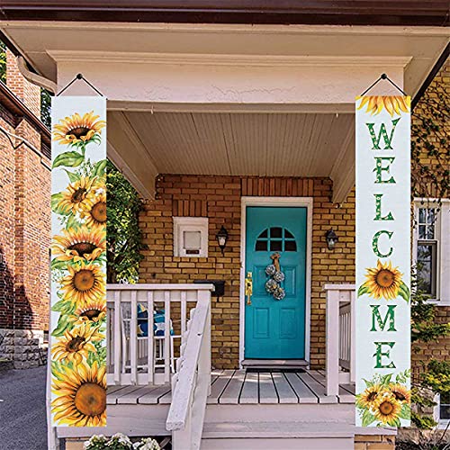 KYMY Sunflower Summer Banners,Welcome Summer Porch Sign,Sunflower Hanging Banners,Sunflower Welcome Porch Banners for Hawaii Party,Front Door Sign Decoration,Summer Party Supplies for Indoor Outdoor