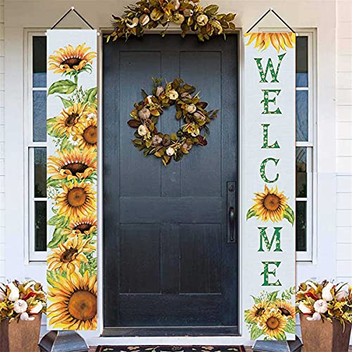 KYMY Sunflower Summer Banners,Welcome Summer Porch Sign,Sunflower Hanging Banners,Sunflower Welcome Porch Banners for Hawaii Party,Front Door Sign Decoration,Summer Party Supplies for Indoor Outdoor