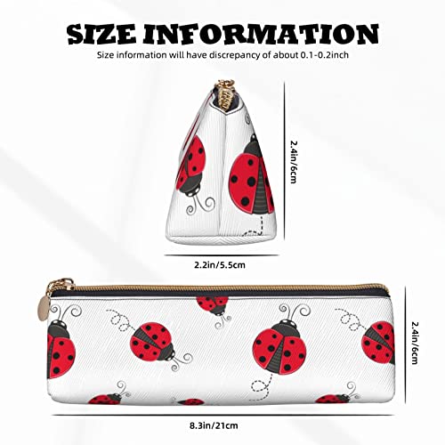 Ykklima Cute Red Ladybug Cartoon Pattern Leather Pencil Case Zipper Pen Makeup Cosmetic Holder Pouch Stationery Bag for School, Work, Office