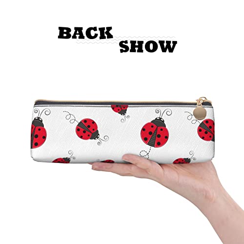 Ykklima Cute Red Ladybug Cartoon Pattern Leather Pencil Case Zipper Pen Makeup Cosmetic Holder Pouch Stationery Bag for School, Work, Office