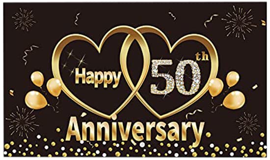 Kauayurk Happy 50th Wedding Anniversary Banner Backdrop Decorations, Black Gold 50 Anniversary Party Poster Supplies, Extra Large 50 Year Anniversary Photography Decor