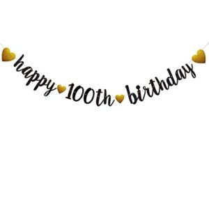 happy 100th birthday banner, pre-strung,black glitter paper garlands for 100th birthday party decorations supplies, no assembly required,black,sunbetterland