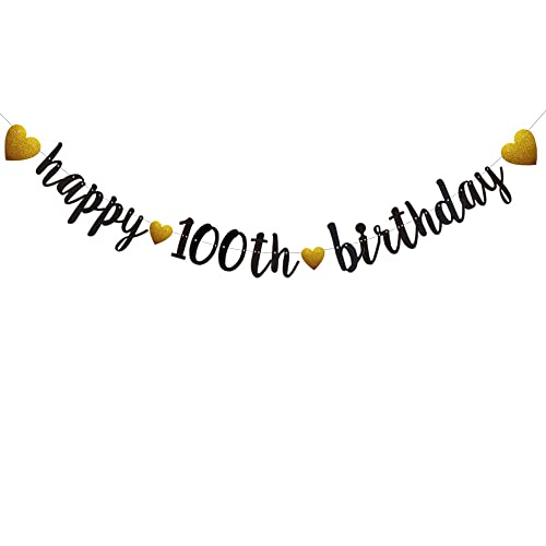 Happy 100th Birthday Banner, Pre-Strung,Black Glitter Paper Garlands for 100th Birthday Party Decorations Supplies, No Assembly Required,Black,SUNbetterland