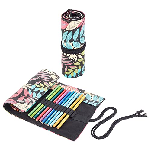 NBEADS 2 Pcs Paint Brush Roll Up Bag, 2 Styles 24 Slots/48 Slots Boho Canvas Pencil Roll Wrap Pouch Makeup Brushes Case Watercolor Brush Holder Organizer Foldable for Artist Draw Pen, Leaf Pattern