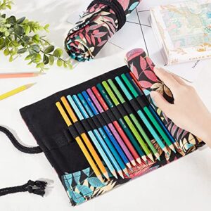 NBEADS 2 Pcs Paint Brush Roll Up Bag, 2 Styles 24 Slots/48 Slots Boho Canvas Pencil Roll Wrap Pouch Makeup Brushes Case Watercolor Brush Holder Organizer Foldable for Artist Draw Pen, Leaf Pattern