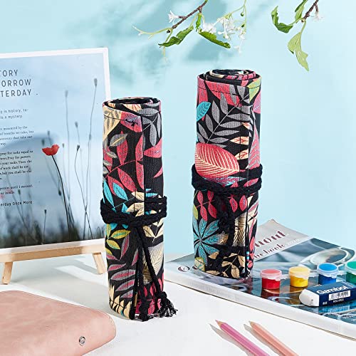 NBEADS 2 Pcs Paint Brush Roll Up Bag, 2 Styles 24 Slots/48 Slots Boho Canvas Pencil Roll Wrap Pouch Makeup Brushes Case Watercolor Brush Holder Organizer Foldable for Artist Draw Pen, Leaf Pattern