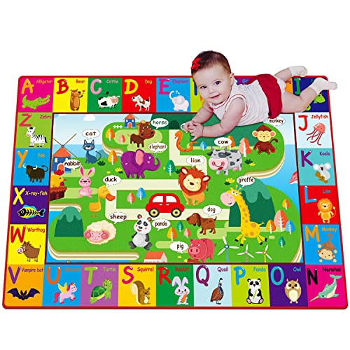 Baby Cotton Play Mat for Floor ABC Rug Playmat for Babies and Toddlers Foldable Non-Slip Crawling Mat 6-12 Months Padded Tummy Time Mat Infant Toys 0-6 Month Animal Gym Mat Easter Gift for Babies