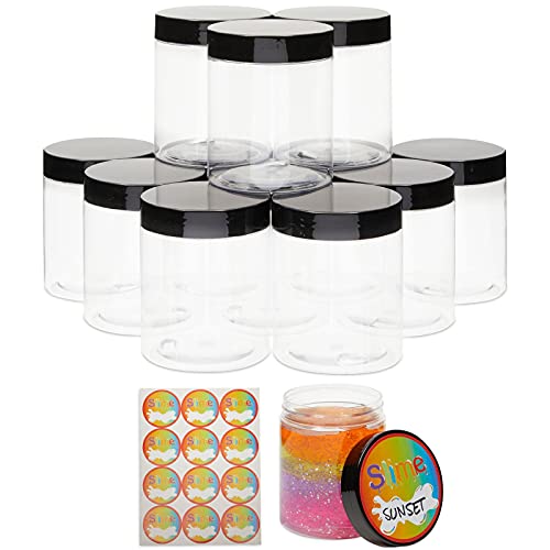 Empty Slime Storage Containers with Lids, Clear Plastic Jars and Labels (8 oz, 12 Pack)