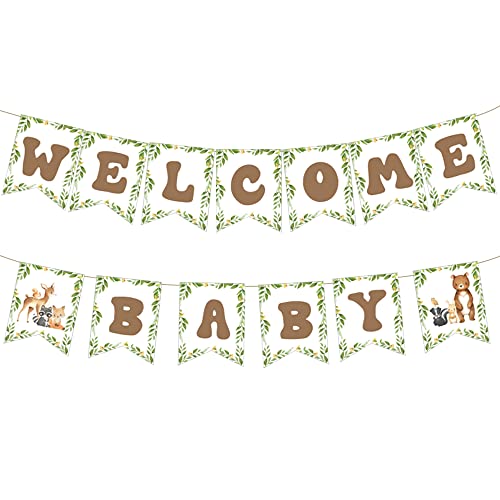 Woodland Animal Welcome Baby Banner, Woodland Creatures Banners Deer Rabbit Forest Animal Friends Garland Baby Shower Birthday Party Decorations