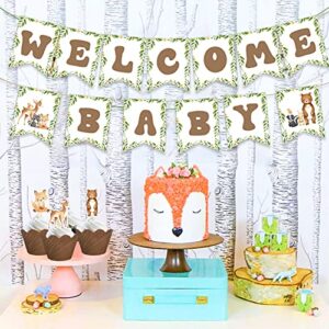 Woodland Animal Welcome Baby Banner, Woodland Creatures Banners Deer Rabbit Forest Animal Friends Garland Baby Shower Birthday Party Decorations