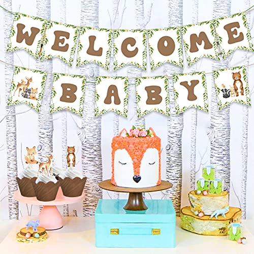 Woodland Animal Welcome Baby Banner, Woodland Creatures Banners Deer Rabbit Forest Animal Friends Garland Baby Shower Birthday Party Decorations