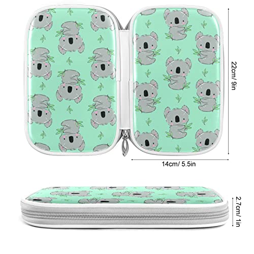 ZZKKO Cute Koala Green Leaves Pencil Bag Case Zipper Pencil Holder Organizer Stationary Pen Bag Cosmetic Makeup Bag Pouch Purse for School Office Supplies