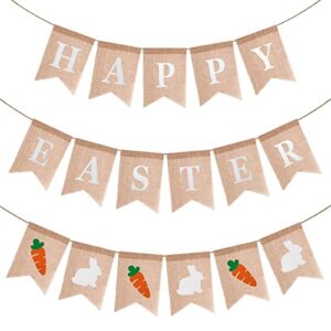 3pcs easter burlap banner decorations – easter bunny carrot burlap banner decor, happy easter banner backdrops for photography, fireplace, wall, window, yard easter decorations